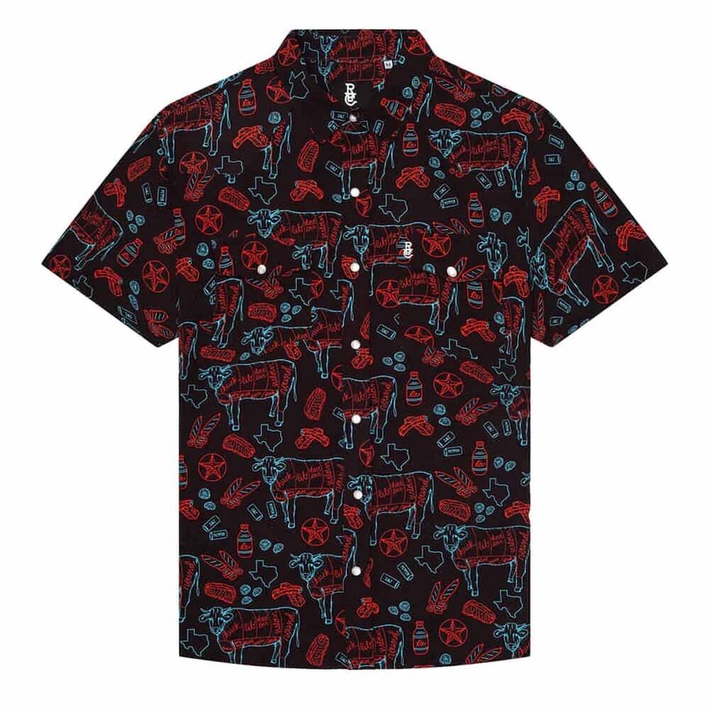 NEW RAISED BY COYOTES men's texas bbq nights pearl snap shirt in black